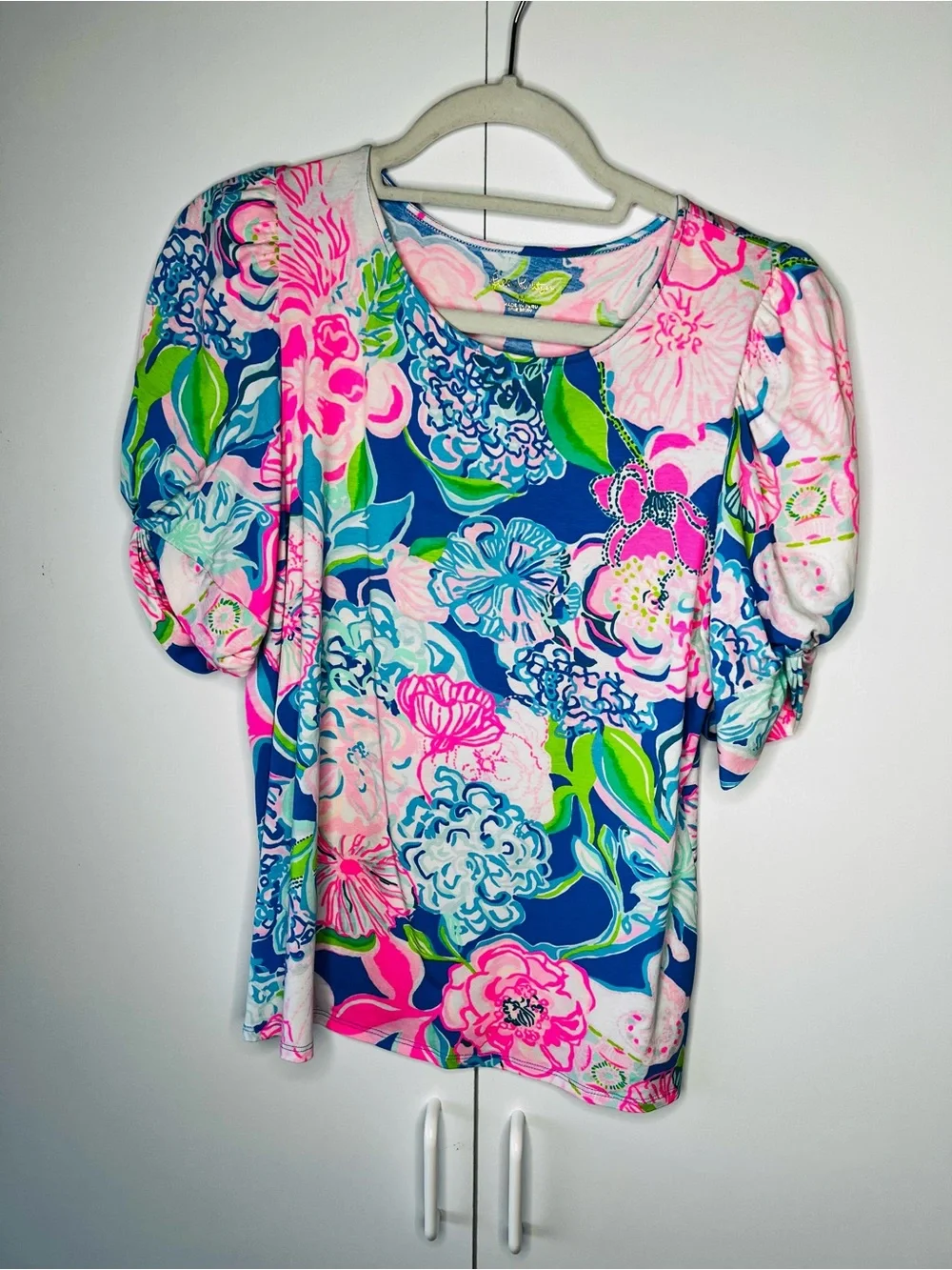 Lilly Pulitzer Elisabette Top M Peony For Your Thoughts Puff Twisted Sleeve